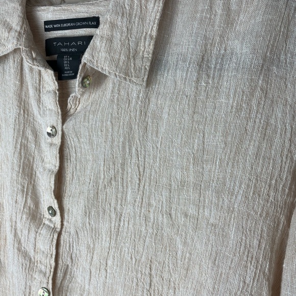 TAHARI 100% Linen Shirt Womens Large Beige Cream Natural European Flax Button Up - Picture 3 of 9